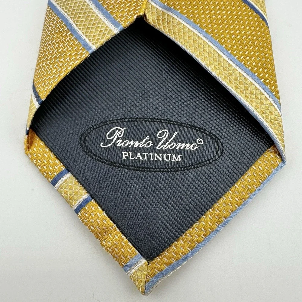 Pronto Uomo Platinum Gold Blue Striped Tie Men's 100% Silk Handmade - Excellent